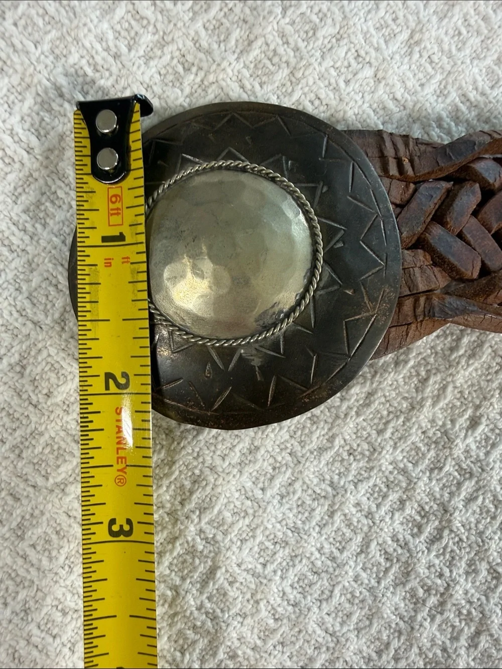 Braided leather belt with silver hammered buckle boho, western made in Morocco